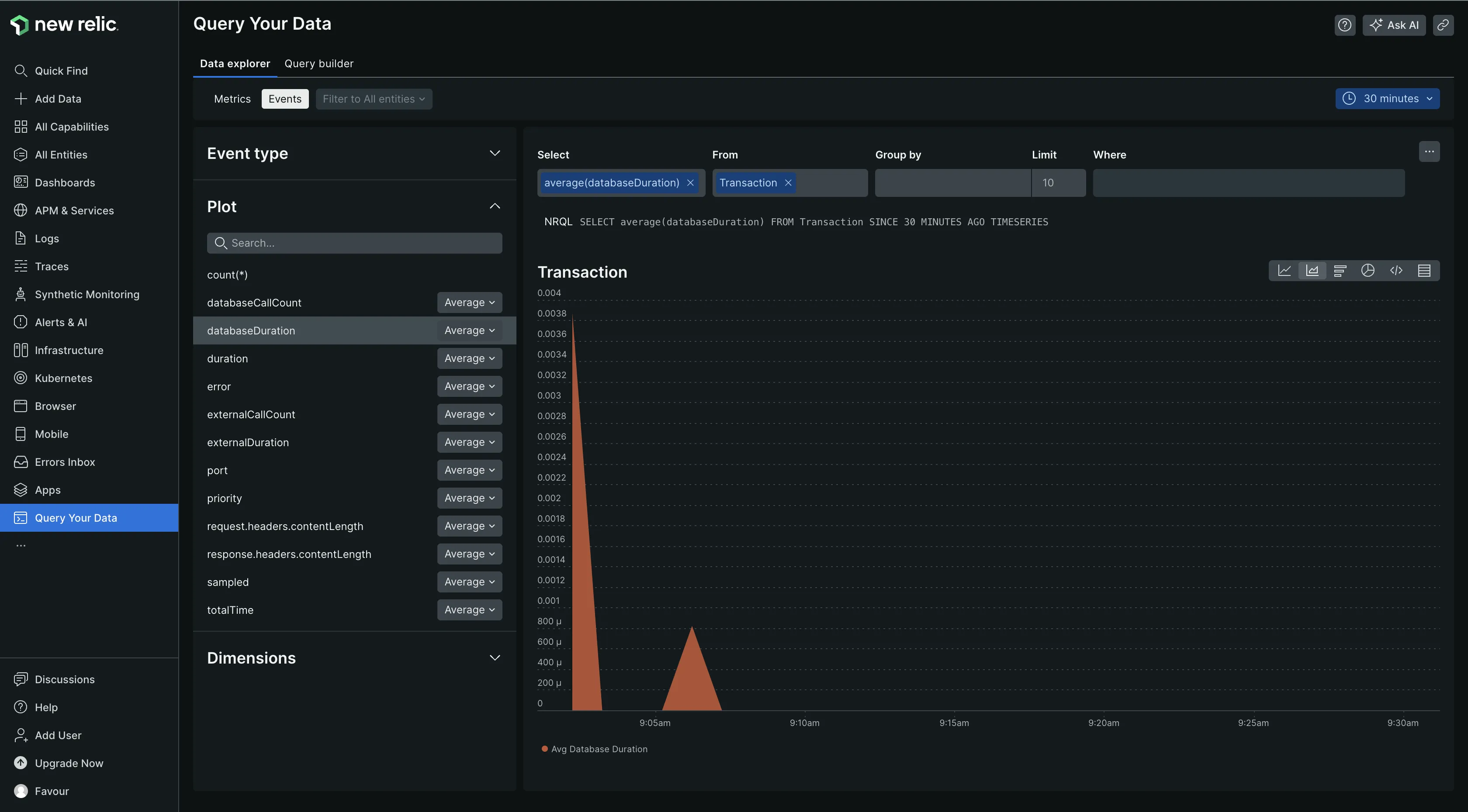 New Relic’s data explorer tab