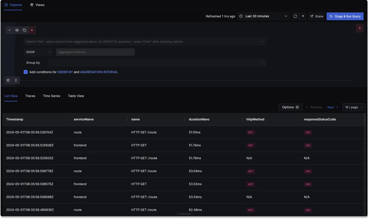 List View in the Trace Explorer