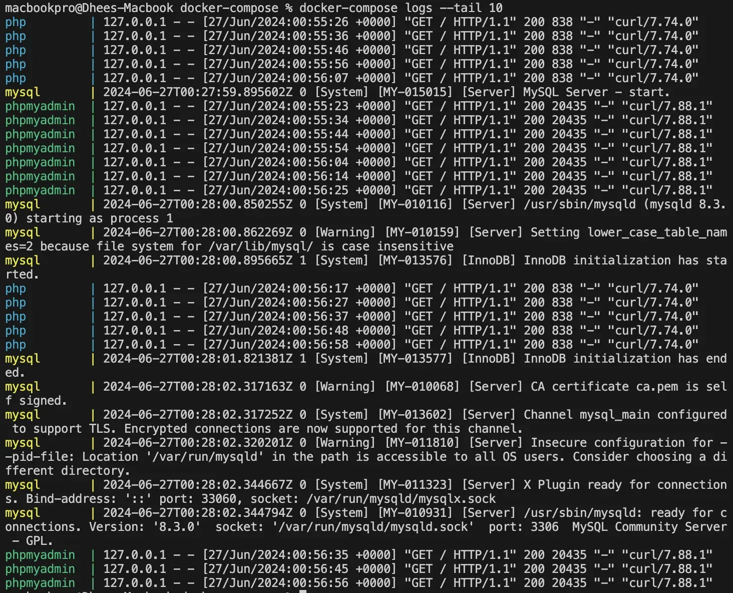 The last 10 log lines of all running containers