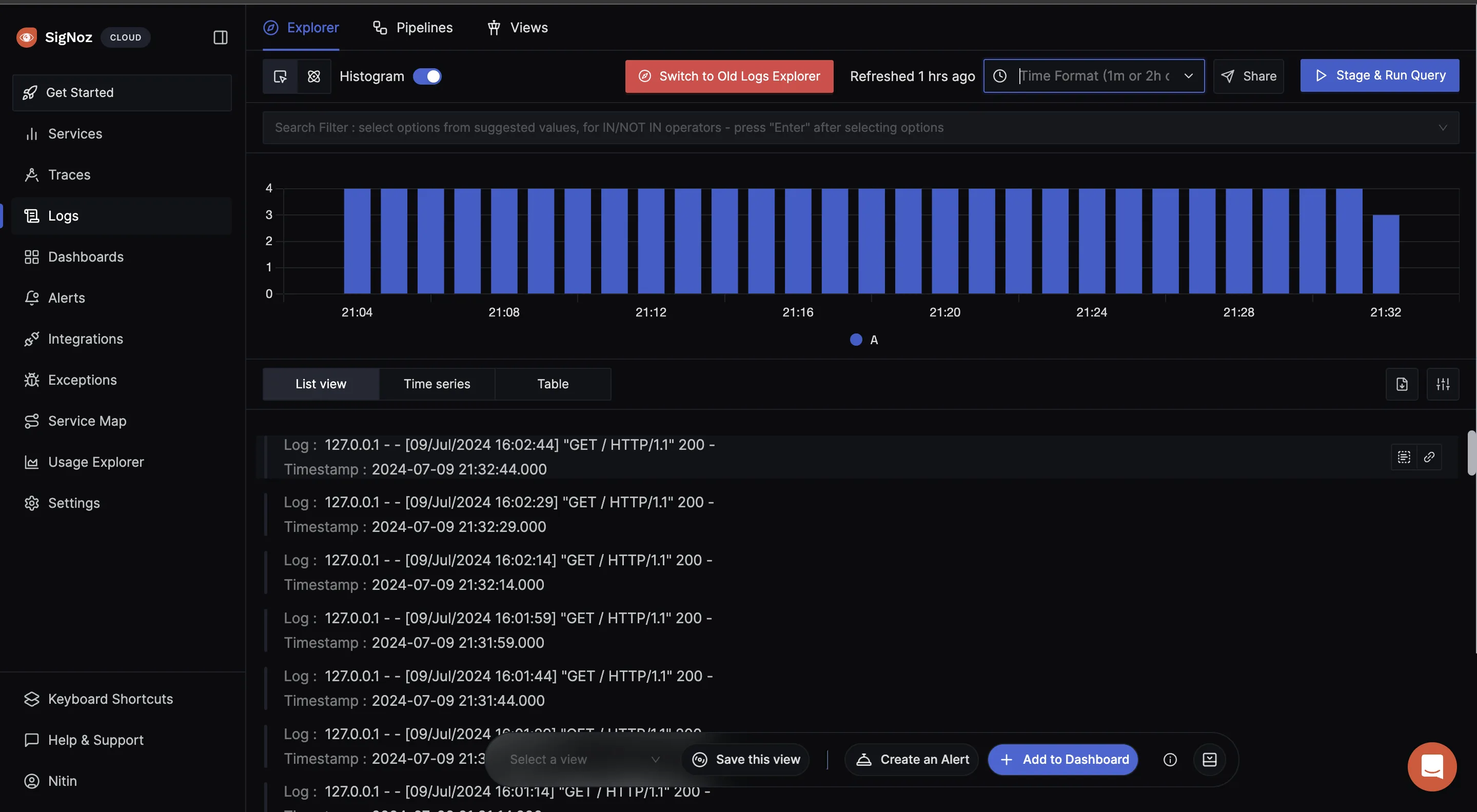 SigNoz cloud dashboard to view logs