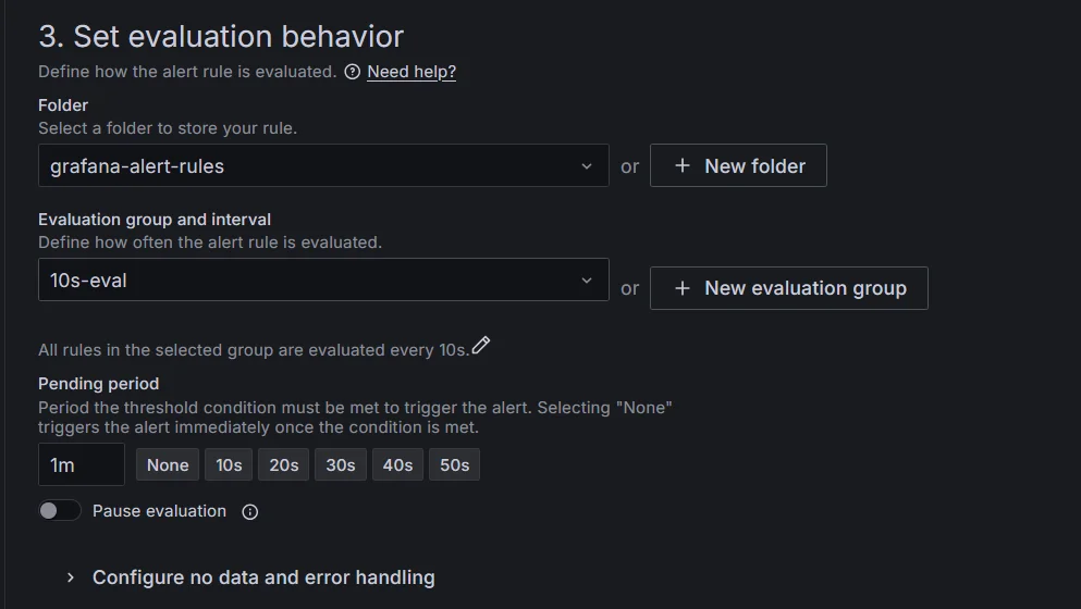 Set evaluation behaviour for alert rule in Grafana Dashboard