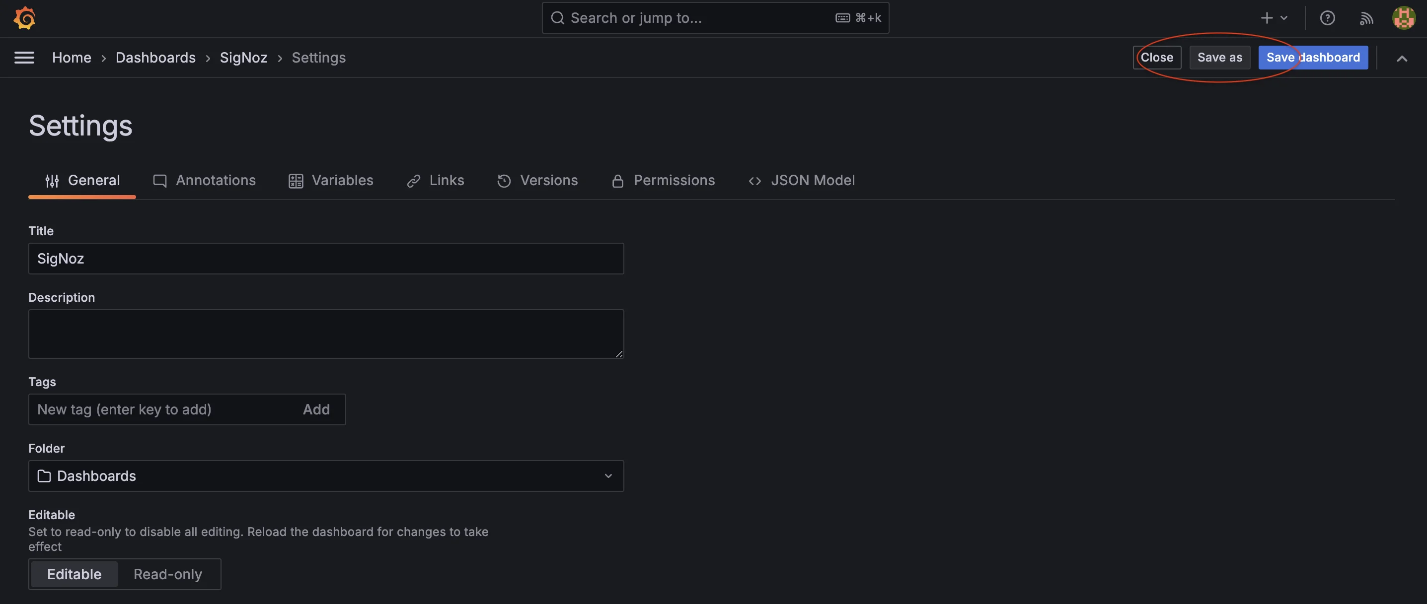 Grafana Dashboard Settings Page